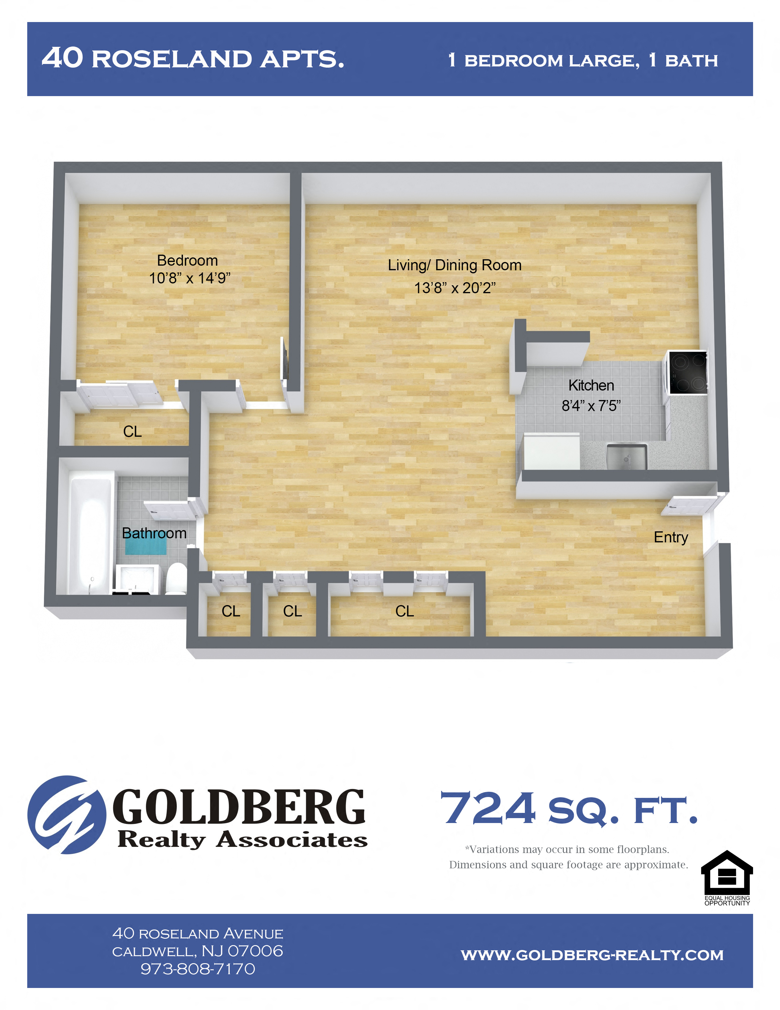 Floor plan for 1 bed, 1 bath, 724 sqft